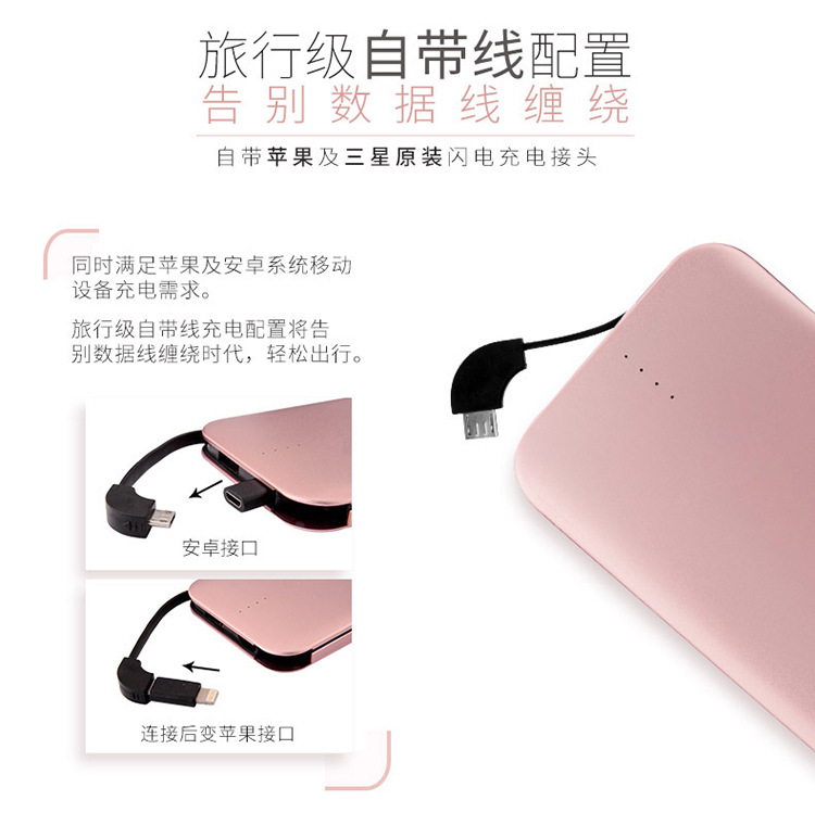 全漢C10A迷你輕薄自帶線充電寶10000毫安蘋(píng)果7安卓通用6p便攜定制移動(dòng)電源