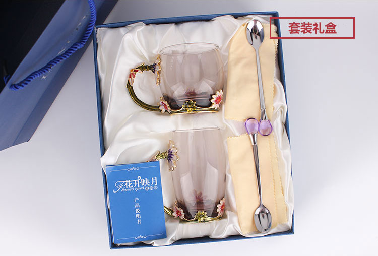 創(chuàng)意琺瑯彩玻璃水杯、情侶茶杯、花茶杯情人節(jié)禮物（對杯）