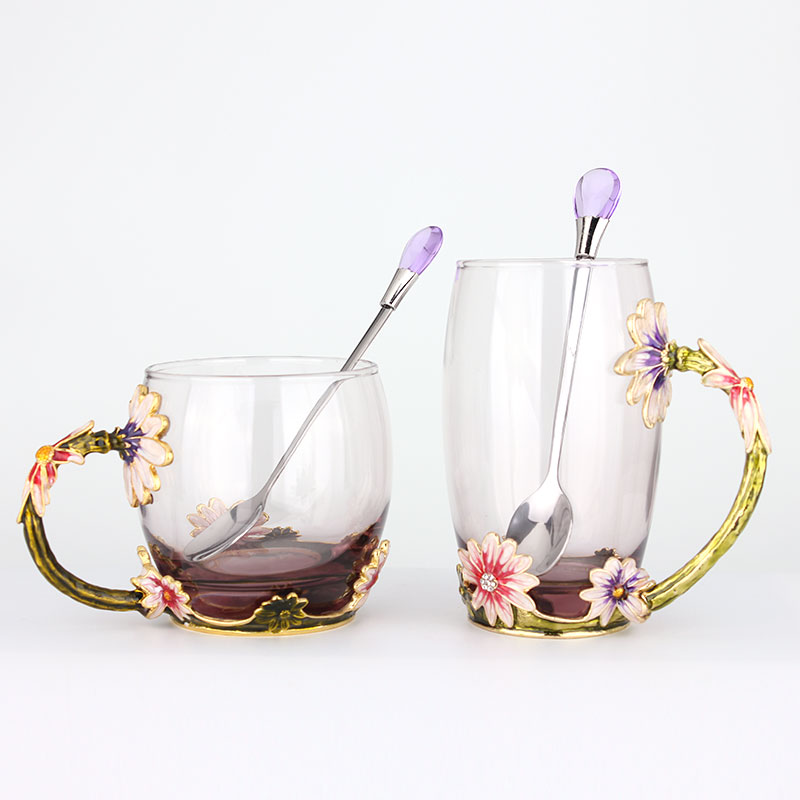 創(chuàng)意琺瑯彩玻璃水杯、情侶茶杯、花茶杯情人節(jié)禮物（對杯）
