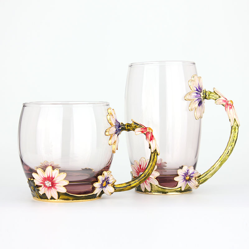 創(chuàng)意琺瑯彩玻璃水杯、情侶茶杯、花茶杯情人節(jié)禮物（對杯）