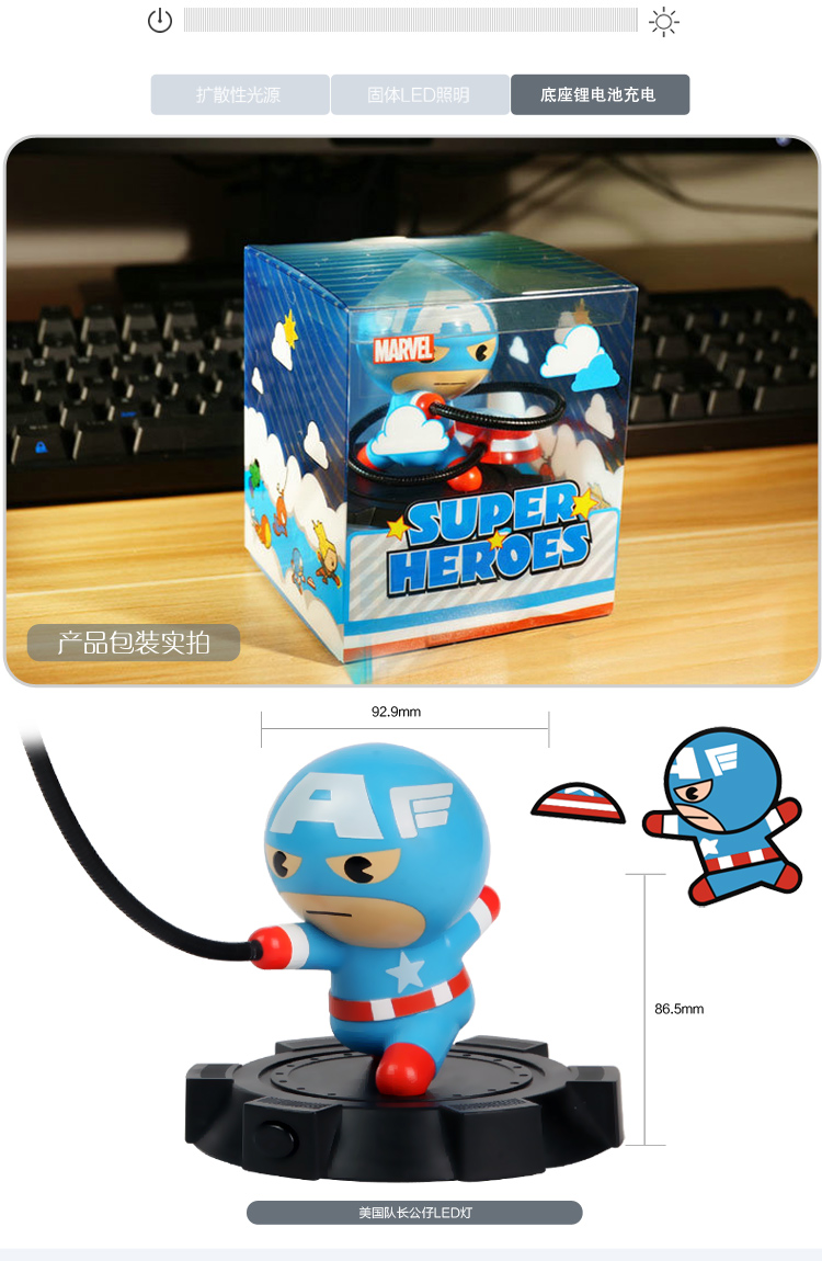 漫威正版 美國(guó)隊(duì)長(zhǎng)公仔LED燈 鋰電池充電小夜燈 男生禮物圣誕新年 上海禮物